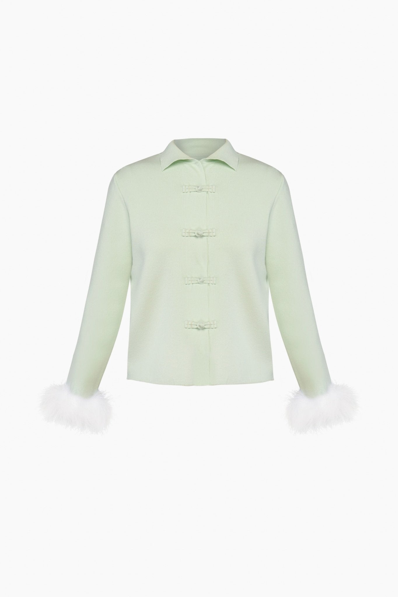 Crane Knitted Cardigan with Detachable Feathers in Mint - ANNIE.G