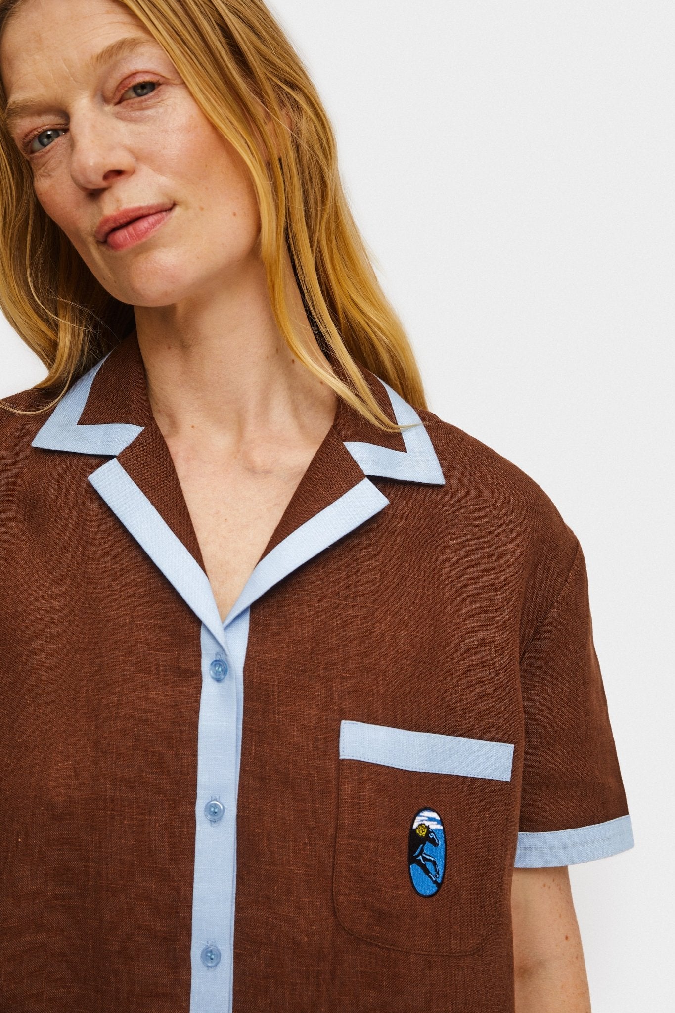 Garrick Embroidered Linen Short Sleeved Shirt in Brown - ANNIE.G