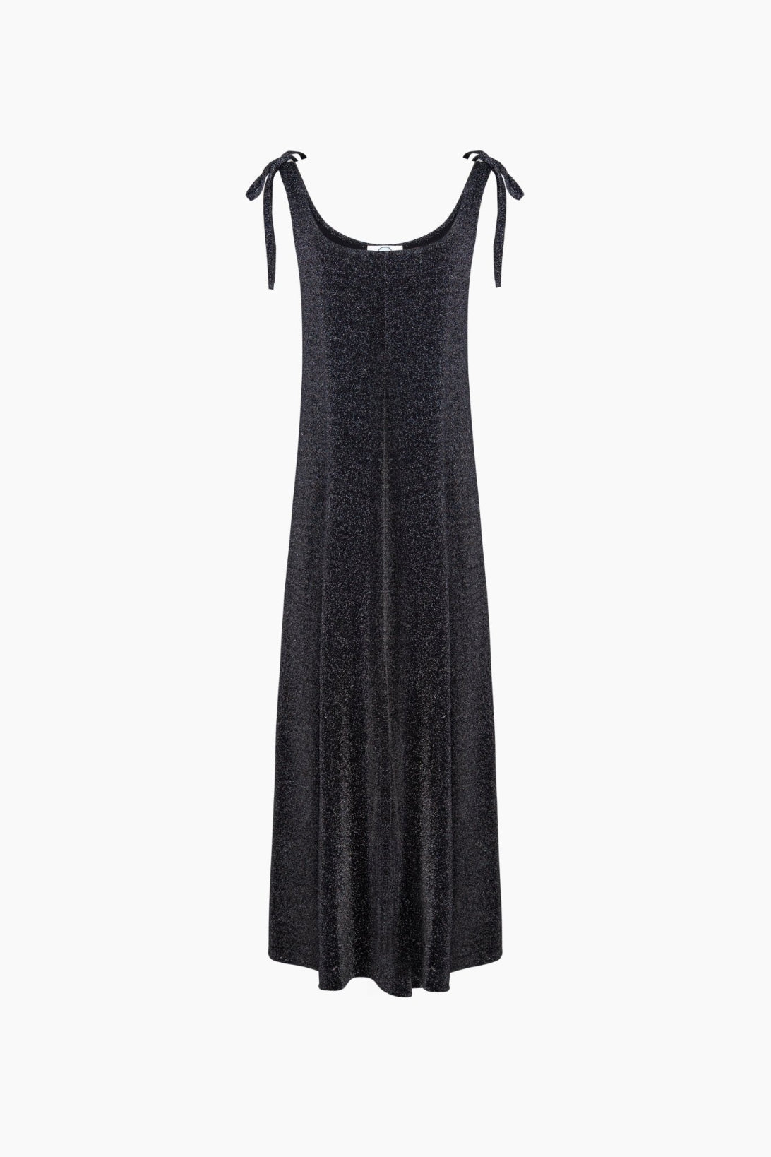 Women's black Lurex Slip Dress with bows at shoulder straps and floaty hem.