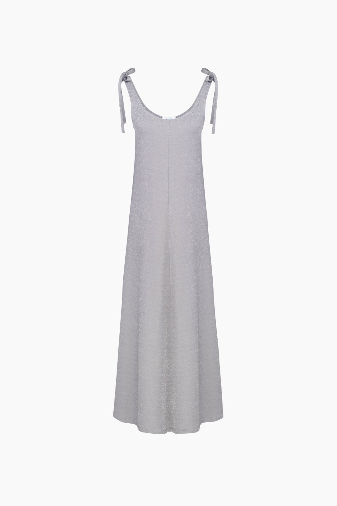 Kylie Lurex Slip Dress in Silver with scoop neckline, bows at shoulder straps and floaty hemline.