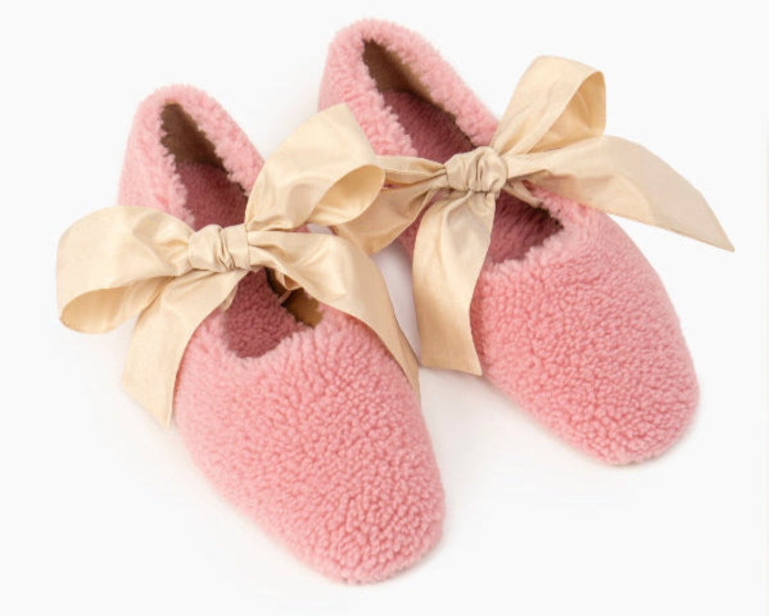 Front view of pink Lulu Shearling Slippers with light pink bows - ANNIE.G