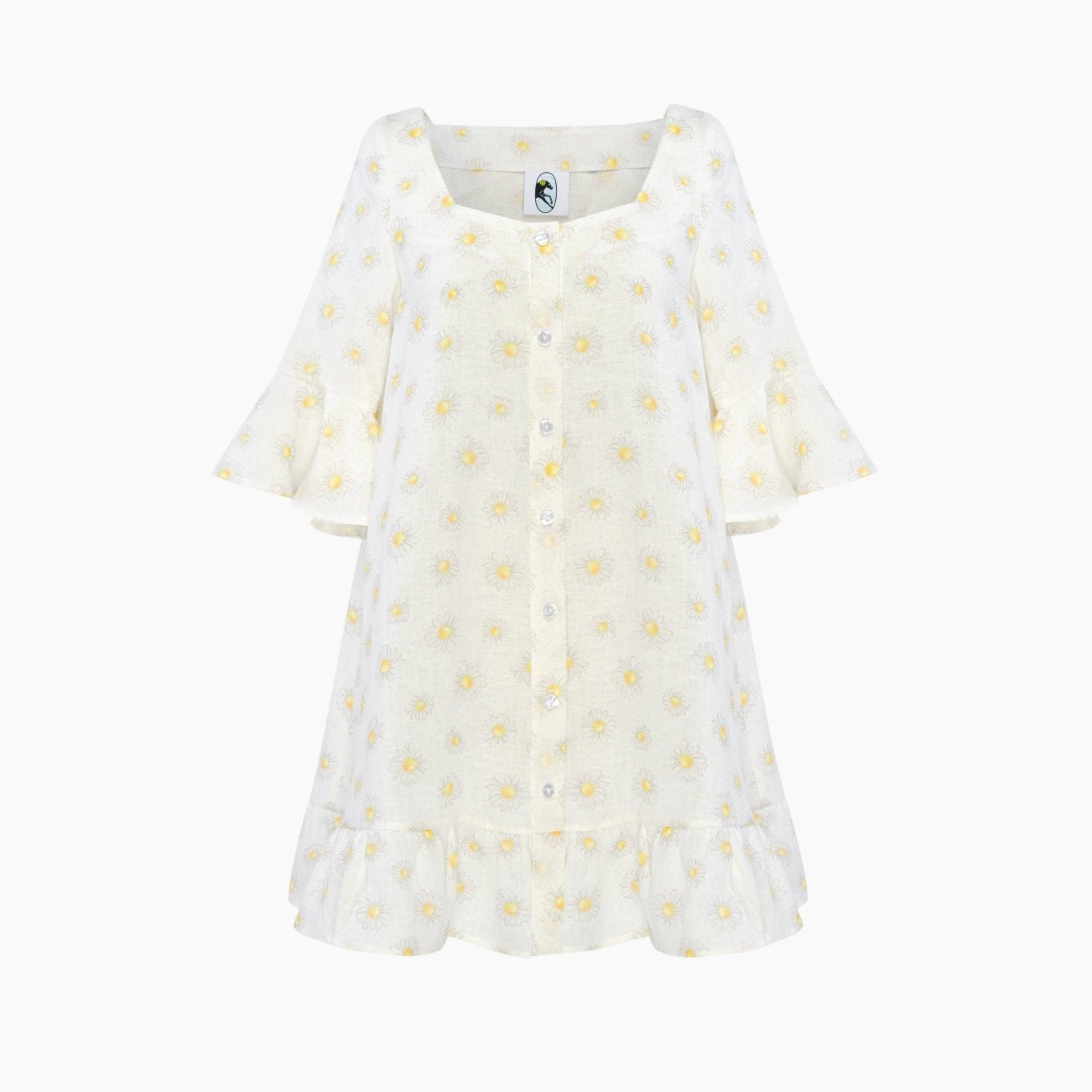 womans-linen-mini-dress-with-daisy-print-short-ruffle-hem-sleeves-and-hem-with-front-buttons