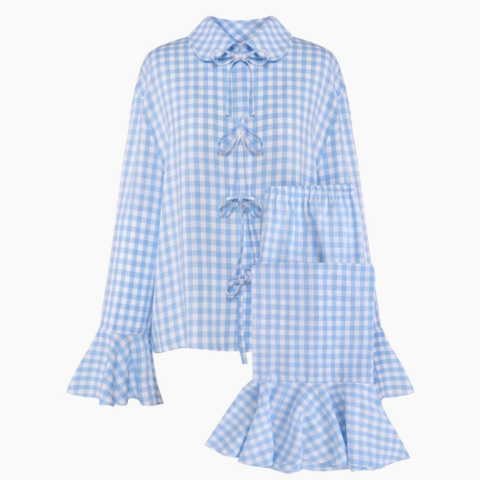 Nebula Pyjama Set with Bow Details in Blue Vichy - ANNIE.G