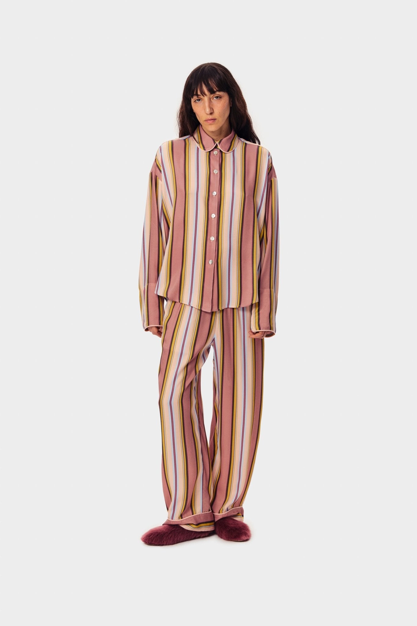 Woman wearing pink blush striped shirt and pants - ANNIE.G
