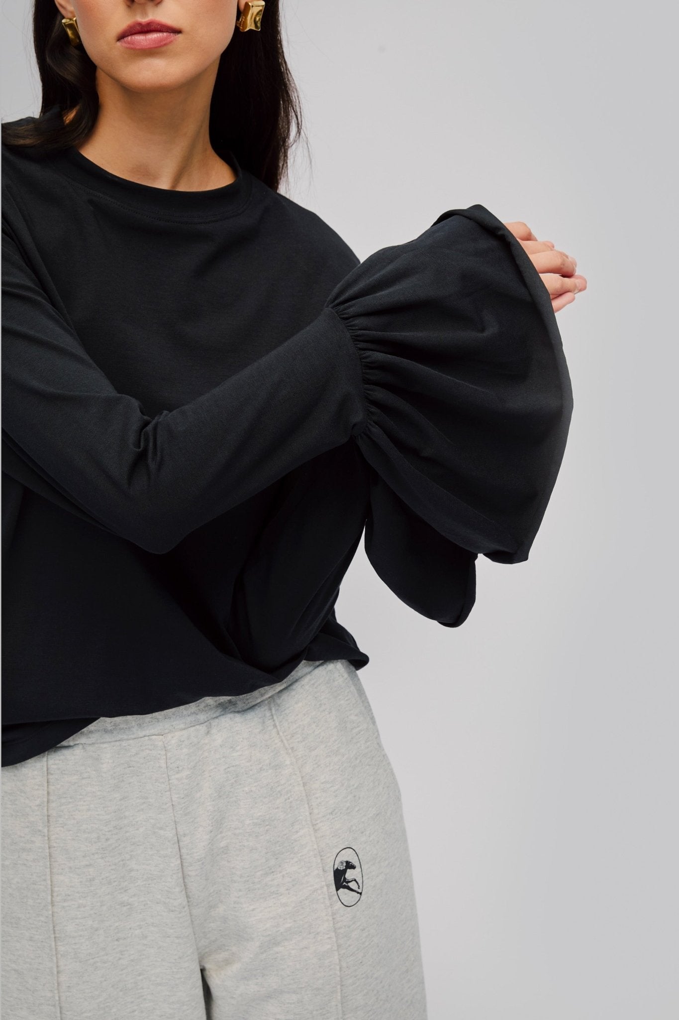 Ruffled Long Sleeve Stretch Cotton Jersey T-shirt - ANNIE.G