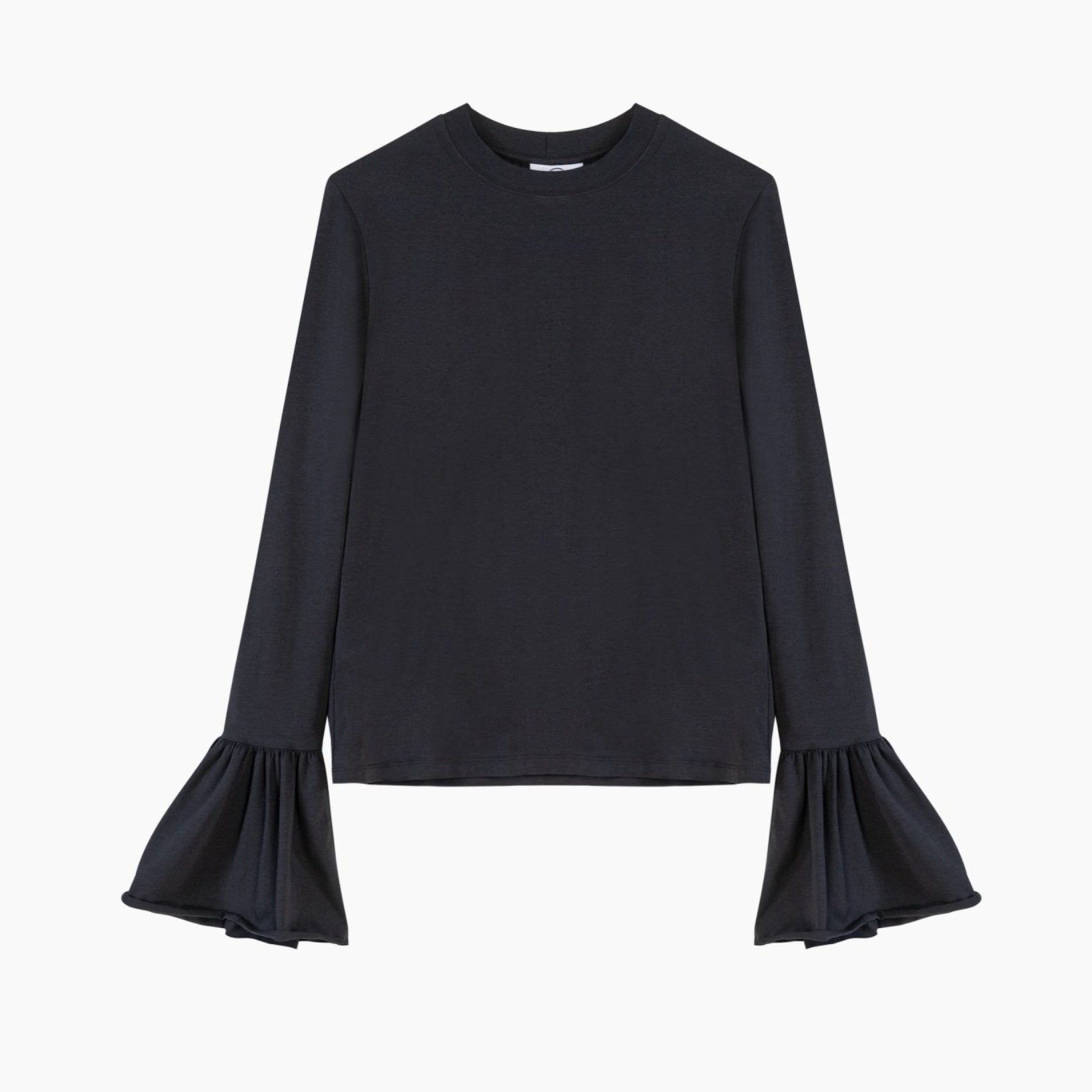 Black Ruffled Long Sleeve Stretch Cotton Jersey T-shirt - ANNIE.G