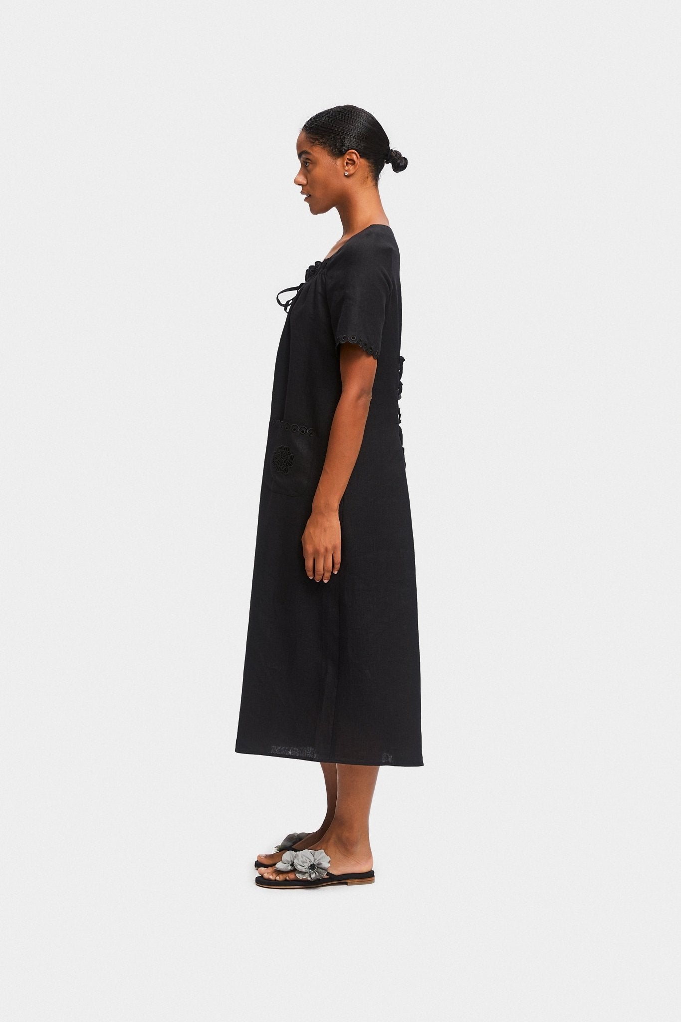 side of Sofia Linen Embroidered Midi Dress - ANNIE.G