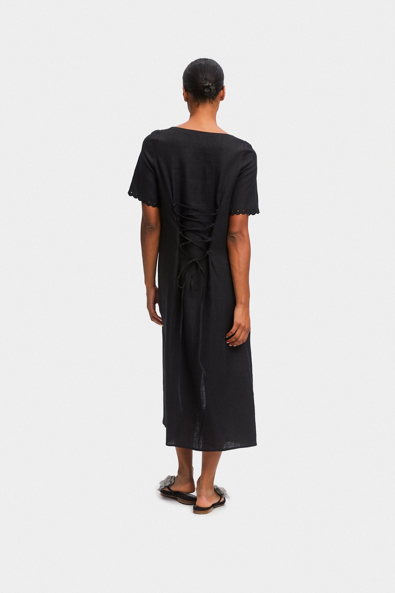Back of black coloured Sofia Linen Embroidered Midi Dress - ANNIE.G