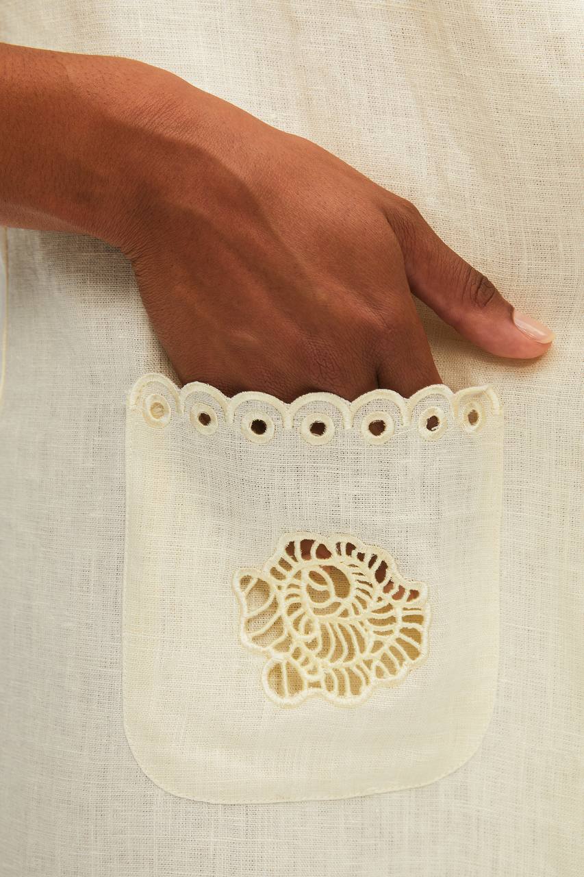 Embroidery detail on patch pocket of Sofia Linen Embroidered Midi Dress - ANNIE.G