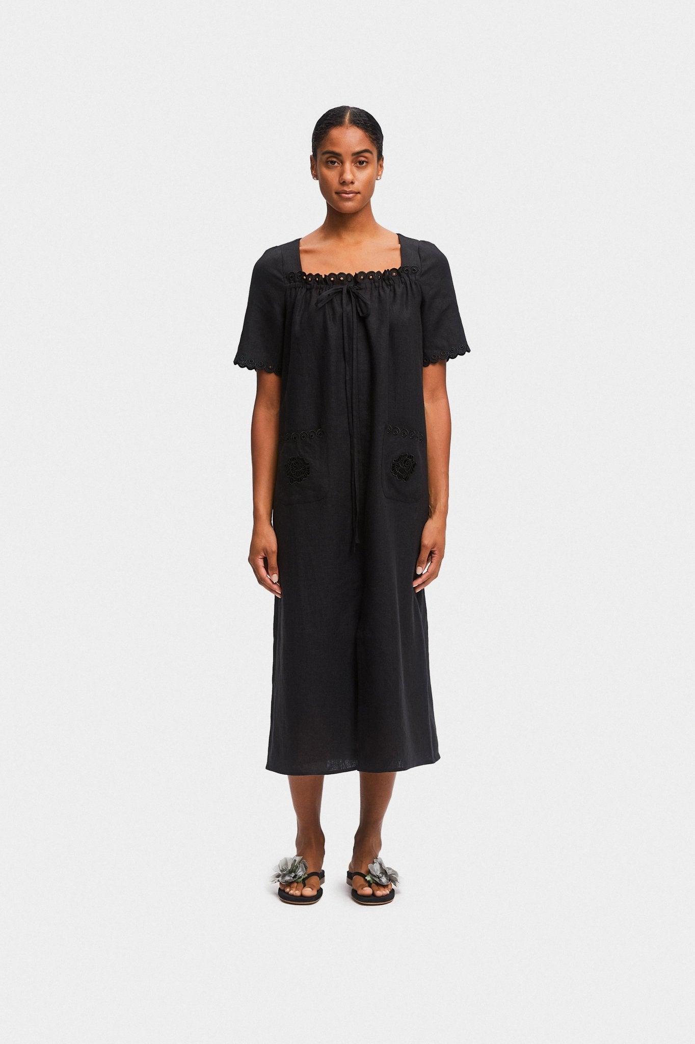 Black Sofia Linen Embroidered Midi Dress - ANNIE.G